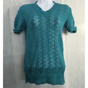 Vintage Cuddle Knit Short-sleeve V-neck Pullover Blouse Open Knit Teal